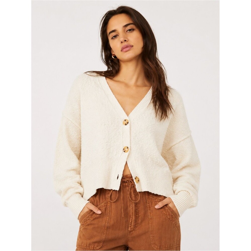 Free People Found My Friend Cardi Cream Textured Button Oversized Cardigan XS